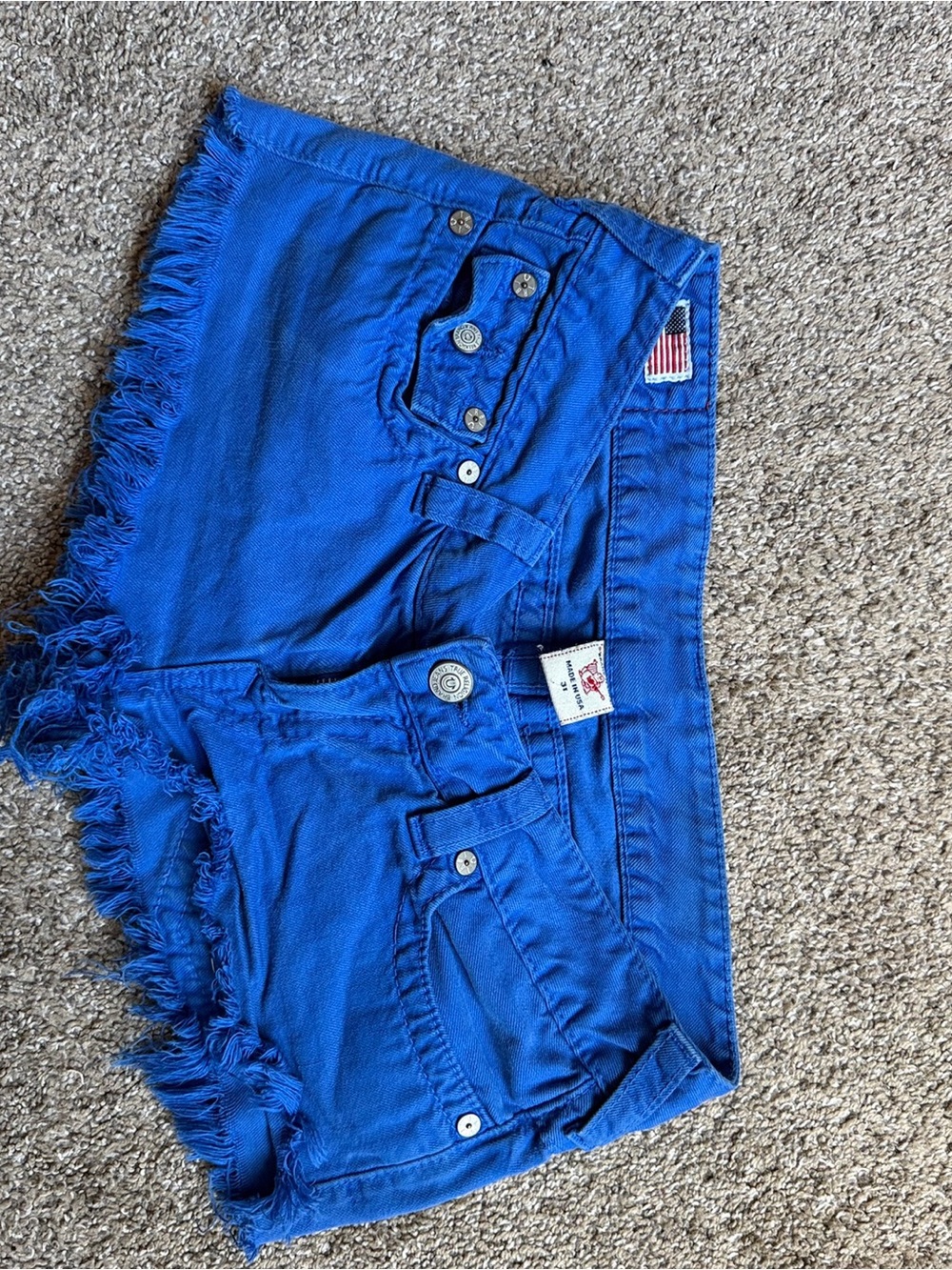 True Religion Royal Blue Frayed Denim Jean Shorts- Women 31W
